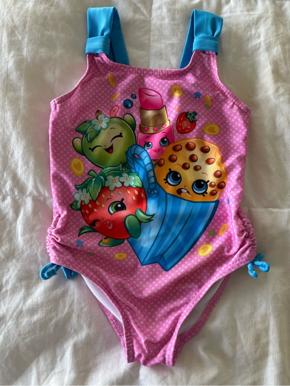 Shopkins Girls Size 4 Pink Blue Polka Dot One-Piece Swimsuit Kooky Cookie